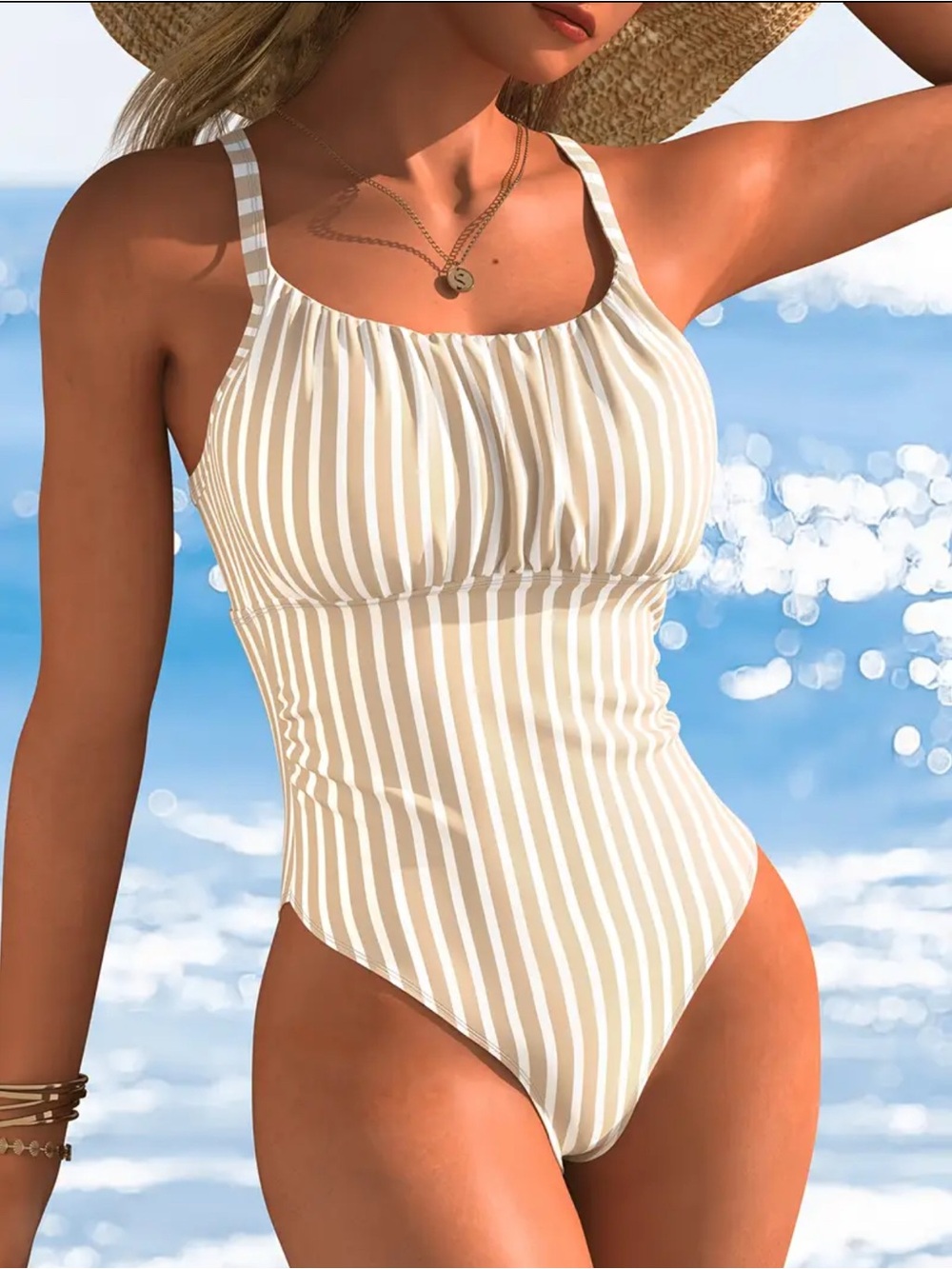 NEW Women’s Striped Beige and White One-Piece Swimsuit Women’s Swimwear Size XL